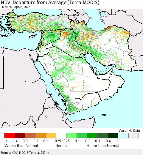 Middle East and Turkey NDVI Departure from Average (Terra-MODIS) Thematic Map For 3/30/2023 - 4/6/2023