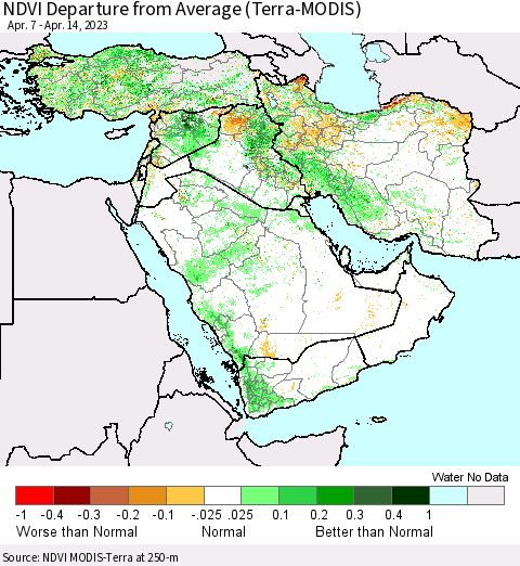 Middle East and Turkey NDVI Departure from Average (Terra-MODIS) Thematic Map For 4/7/2023 - 4/14/2023
