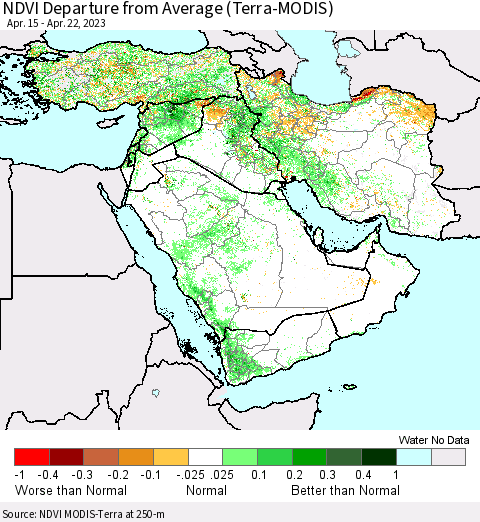 Middle East and Turkey NDVI Departure from Average (Terra-MODIS) Thematic Map For 4/15/2023 - 4/22/2023