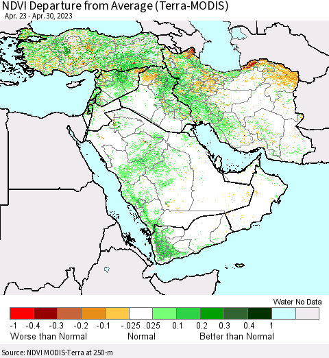 Middle East and Turkey NDVI Departure from Average (Terra-MODIS) Thematic Map For 4/23/2023 - 4/30/2023