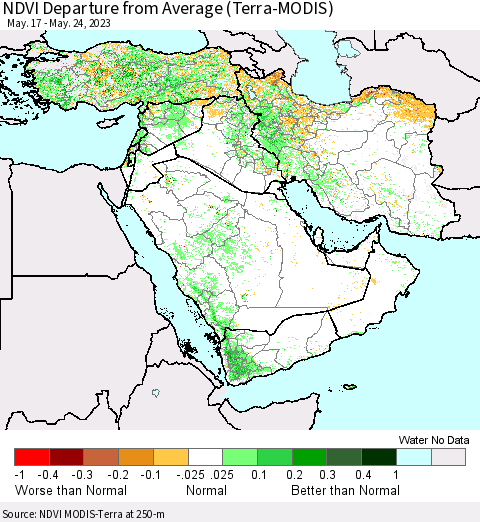 Middle East and Turkey NDVI Departure from Average (Terra-MODIS) Thematic Map For 5/17/2023 - 5/24/2023