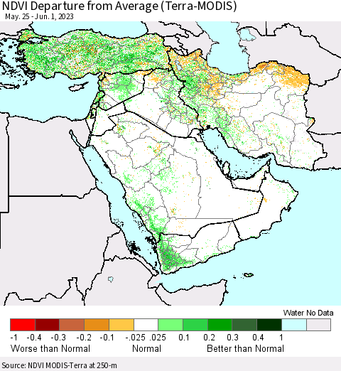 Middle East and Turkey NDVI Departure from Average (Terra-MODIS) Thematic Map For 5/25/2023 - 6/1/2023