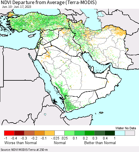 Middle East and Turkey NDVI Departure from Average (Terra-MODIS) Thematic Map For 6/10/2023 - 6/17/2023