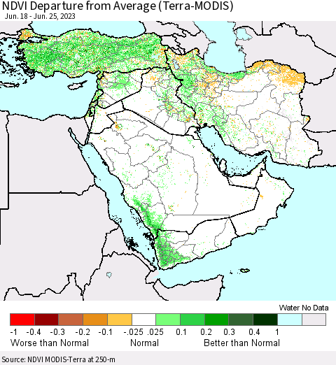 Middle East and Turkey NDVI Departure from Average (Terra-MODIS) Thematic Map For 6/18/2023 - 6/25/2023