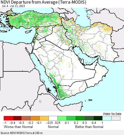 Middle East and Turkey NDVI Departure from Average (Terra-MODIS) Thematic Map For 7/4/2023 - 7/11/2023