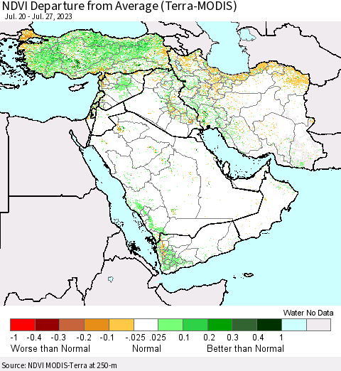 Middle East and Turkey NDVI Departure from Average (Terra-MODIS) Thematic Map For 7/20/2023 - 7/27/2023