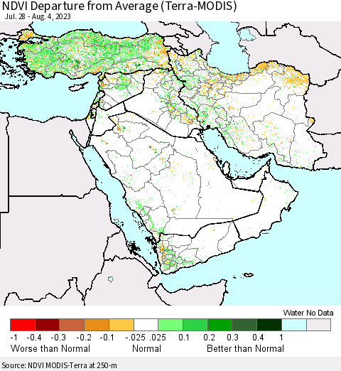 Middle East and Turkey NDVI Departure from Average (Terra-MODIS) Thematic Map For 7/28/2023 - 8/4/2023
