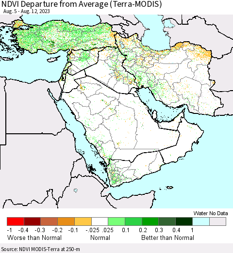 Middle East and Turkey NDVI Departure from Average (Terra-MODIS) Thematic Map For 8/5/2023 - 8/12/2023