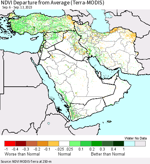 Middle East and Turkey NDVI Departure from Average (Terra-MODIS) Thematic Map For 9/6/2023 - 9/13/2023