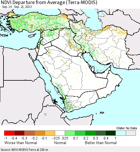 Middle East and Turkey NDVI Departure from Average (Terra-MODIS) Thematic Map For 9/14/2023 - 9/21/2023