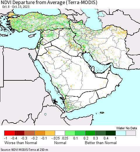 Middle East and Turkey NDVI Departure from Average (Terra-MODIS) Thematic Map For 10/8/2023 - 10/15/2023