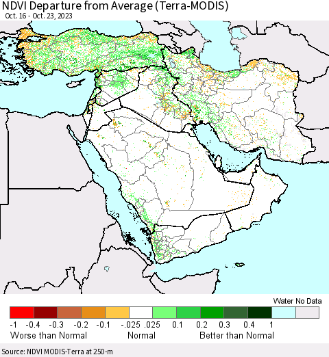 Middle East and Turkey NDVI Departure from Average (Terra-MODIS) Thematic Map For 10/16/2023 - 10/23/2023