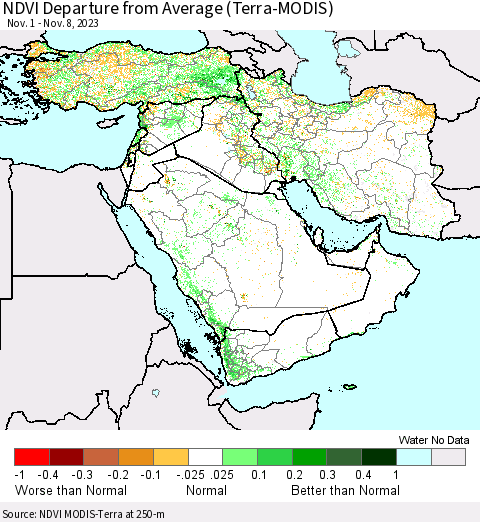 Middle East and Turkey NDVI Departure from Average (Terra-MODIS) Thematic Map For 11/1/2023 - 11/8/2023