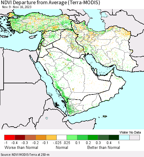 Middle East and Turkey NDVI Departure from Average (Terra-MODIS) Thematic Map For 11/9/2023 - 11/16/2023