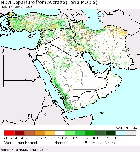 Middle East and Turkey NDVI Departure from Average (Terra-MODIS) Thematic Map For 11/17/2023 - 11/24/2023