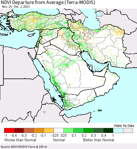 Middle East and Turkey NDVI Departure from Average (Terra-MODIS) Thematic Map For 11/25/2023 - 12/2/2023