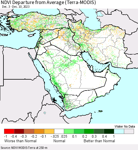 Middle East and Turkey NDVI Departure from Average (Terra-MODIS) Thematic Map For 12/3/2023 - 12/10/2023