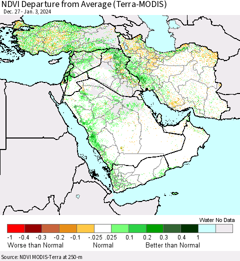 Middle East and Turkey NDVI Departure from Average (Terra-MODIS) Thematic Map For 12/27/2023 - 1/3/2024