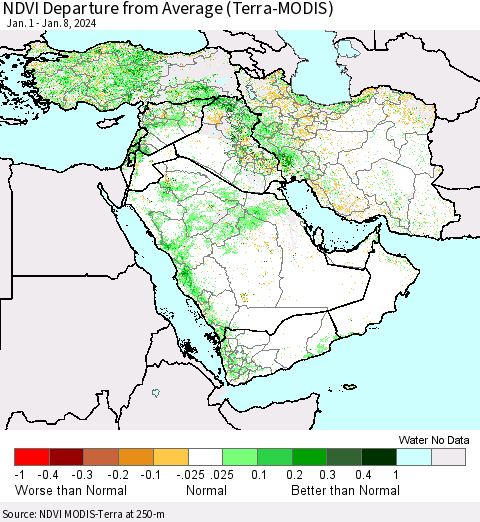 Middle East and Turkey NDVI Departure from Average (Terra-MODIS) Thematic Map For 1/1/2024 - 1/8/2024