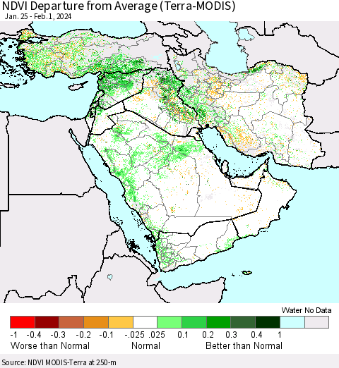 Middle East and Turkey NDVI Departure from Average (Terra-MODIS) Thematic Map For 1/25/2024 - 2/1/2024