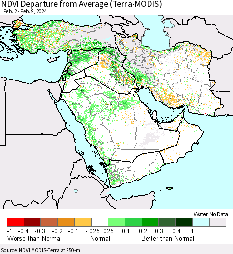 Middle East and Turkey NDVI Departure from Average (Terra-MODIS) Thematic Map For 2/2/2024 - 2/9/2024
