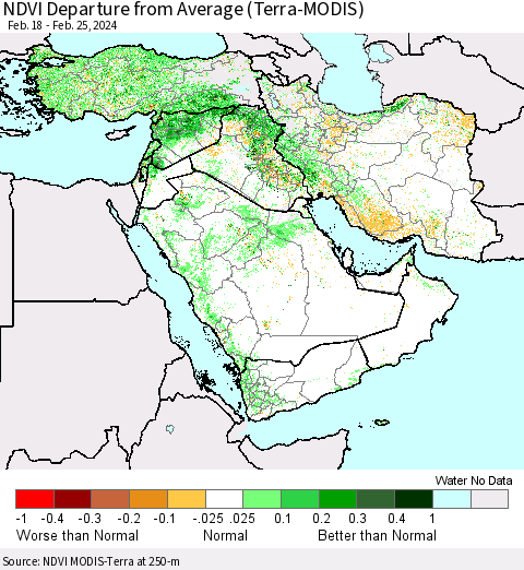 Middle East and Turkey NDVI Departure from Average (Terra-MODIS) Thematic Map For 2/18/2024 - 2/25/2024