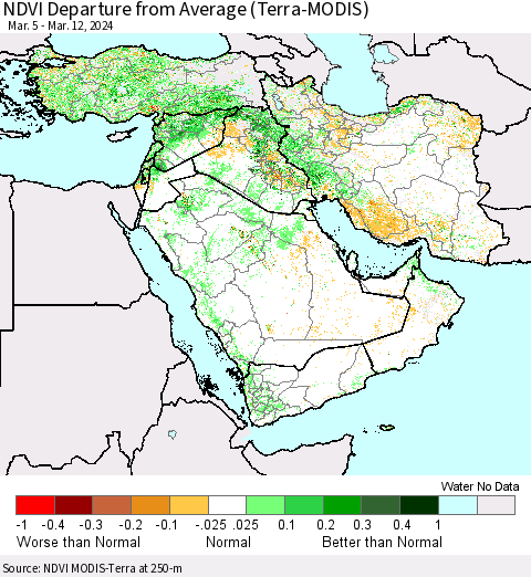 Middle East and Turkey NDVI Departure from Average (Terra-MODIS) Thematic Map For 3/5/2024 - 3/12/2024
