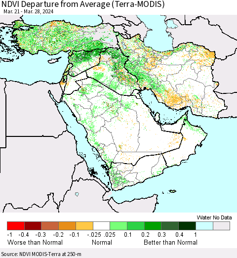 Middle East and Turkey NDVI Departure from Average (Terra-MODIS) Thematic Map For 3/21/2024 - 3/28/2024