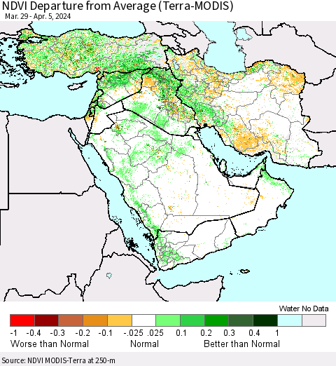 Middle East and Turkey NDVI Departure from Average (Terra-MODIS) Thematic Map For 3/29/2024 - 4/5/2024