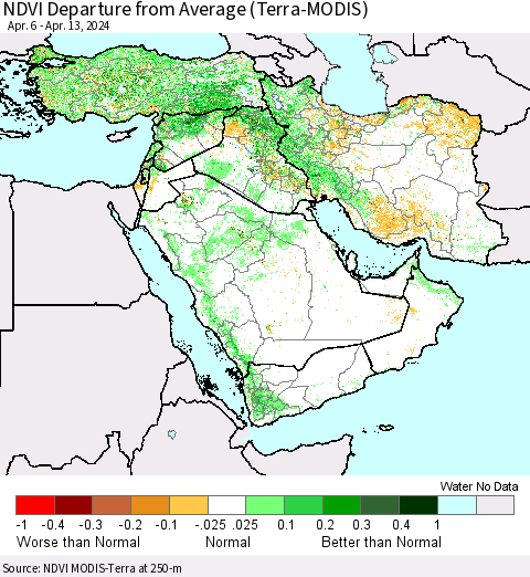 Middle East and Turkey NDVI Departure from Average (Terra-MODIS) Thematic Map For 4/6/2024 - 4/13/2024