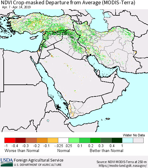 Middle East and Turkey NDVI Crop-masked Departure from Average (MODIS-Terra) Thematic Map For 4/11/2019 - 4/20/2019