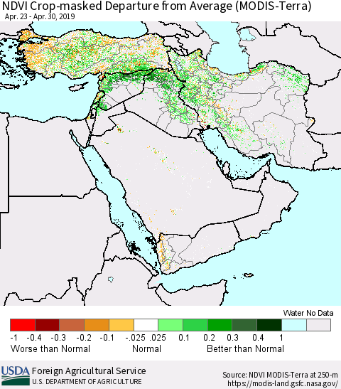 Middle East and Turkey NDVI Crop-masked Departure from Average (MODIS-Terra) Thematic Map For 4/21/2019 - 4/30/2019