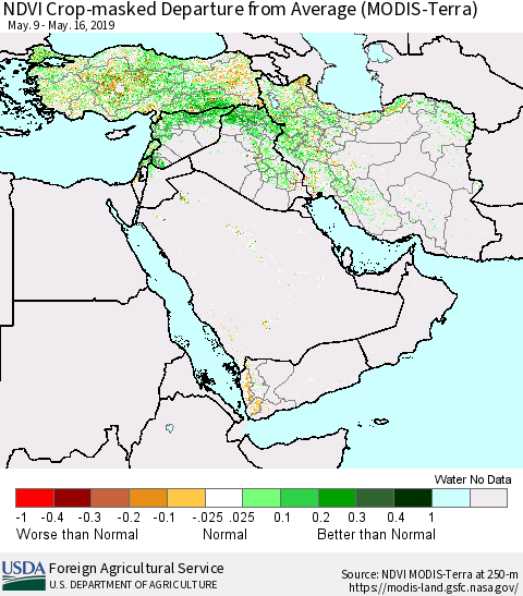 Middle East and Turkey NDVI Crop-masked Departure from Average (MODIS-Terra) Thematic Map For 5/11/2019 - 5/20/2019