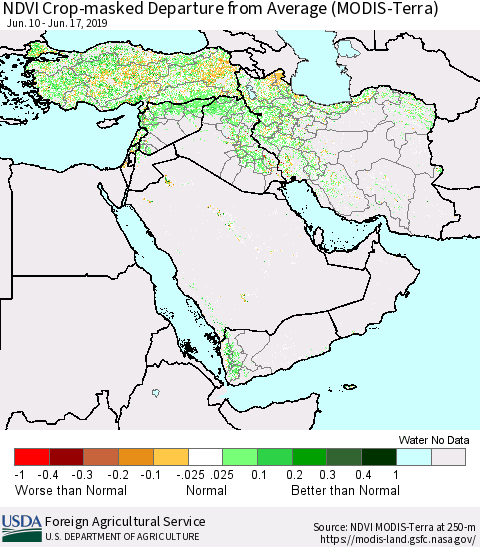 Middle East and Turkey NDVI Crop-masked Departure from Average (MODIS-Terra) Thematic Map For 6/11/2019 - 6/20/2019