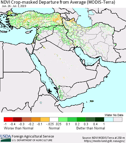 Middle East and Turkey NDVI Crop-masked Departure from Average (MODIS-Terra) Thematic Map For 7/1/2019 - 7/10/2019