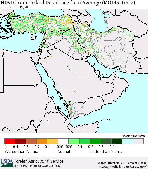 Middle East and Turkey NDVI Crop-masked Departure from Average (MODIS-Terra) Thematic Map For 7/11/2019 - 7/20/2019