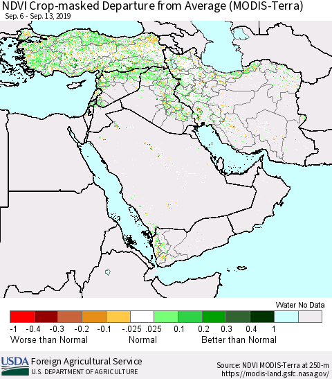 Middle East and Turkey NDVI Crop-masked Departure from Average (MODIS-Terra) Thematic Map For 9/11/2019 - 9/20/2019