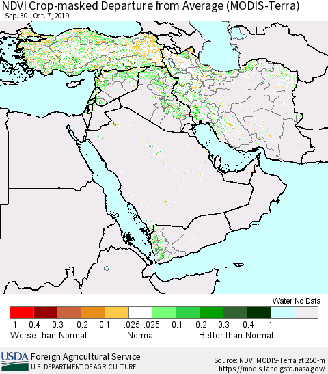Middle East and Turkey NDVI Crop-masked Departure from Average (MODIS-Terra) Thematic Map For 10/1/2019 - 10/10/2019