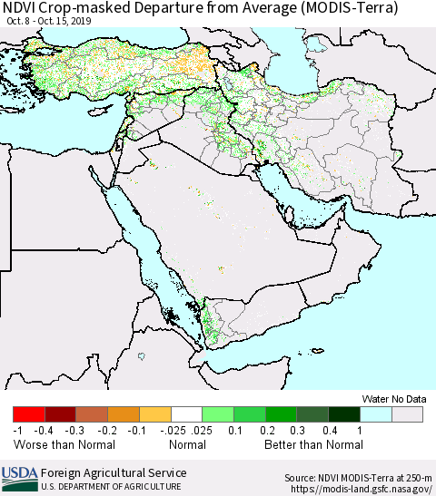 Middle East and Turkey NDVI Crop-masked Departure from Average (MODIS-Terra) Thematic Map For 10/11/2019 - 10/20/2019