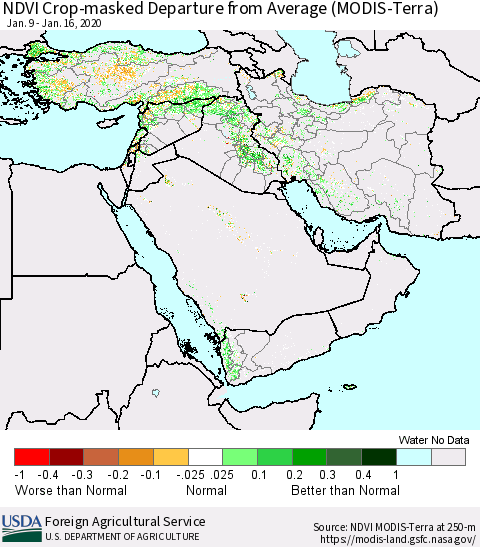 Middle East and Turkey NDVI Crop-masked Departure from Average (MODIS-Terra) Thematic Map For 1/11/2020 - 1/20/2020