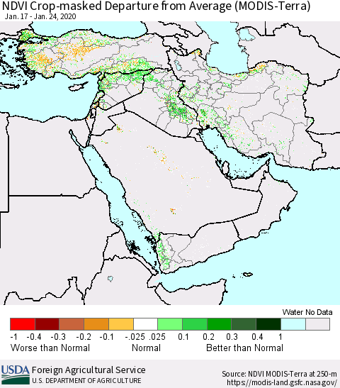 Middle East and Turkey NDVI Crop-masked Departure from Average (MODIS-Terra) Thematic Map For 1/21/2020 - 1/31/2020