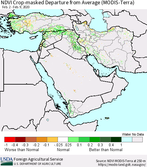 Middle East and Turkey NDVI Crop-masked Departure from Average (MODIS-Terra) Thematic Map For 2/1/2020 - 2/10/2020