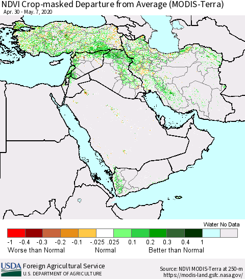 Middle East and Turkey NDVI Crop-masked Departure from Average (MODIS-Terra) Thematic Map For 5/1/2020 - 5/10/2020