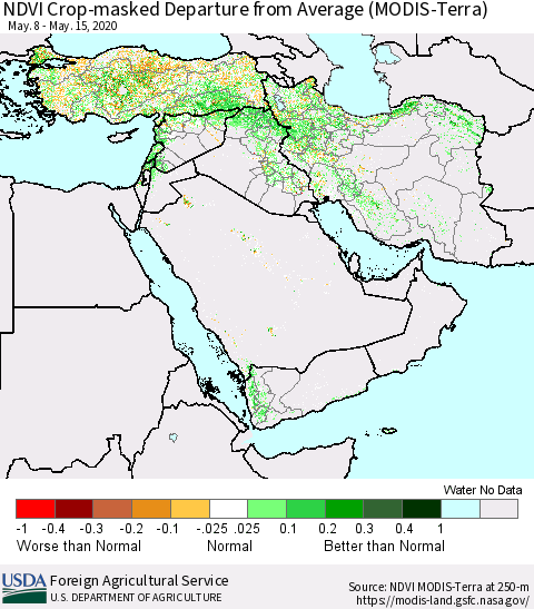 Middle East and Turkey NDVI Crop-masked Departure from Average (MODIS-Terra) Thematic Map For 5/11/2020 - 5/20/2020