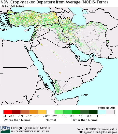 Middle East and Turkey NDVI Crop-masked Departure from Average (MODIS-Terra) Thematic Map For 6/1/2020 - 6/10/2020