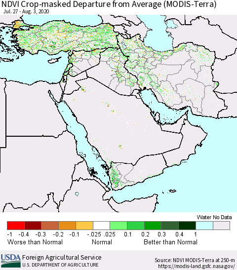 Middle East and Turkey NDVI Crop-masked Departure from Average (MODIS-Terra) Thematic Map For 8/1/2020 - 8/10/2020