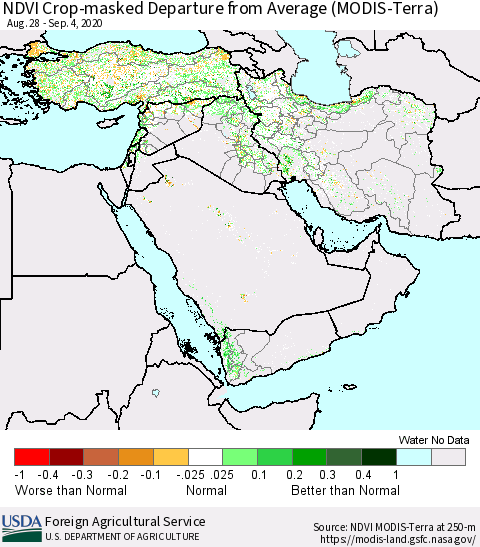 Middle East and Turkey NDVI Crop-masked Departure from Average (MODIS-Terra) Thematic Map For 9/1/2020 - 9/10/2020
