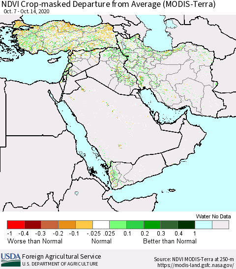 Middle East and Turkey NDVI Crop-masked Departure from Average (MODIS-Terra) Thematic Map For 10/11/2020 - 10/20/2020