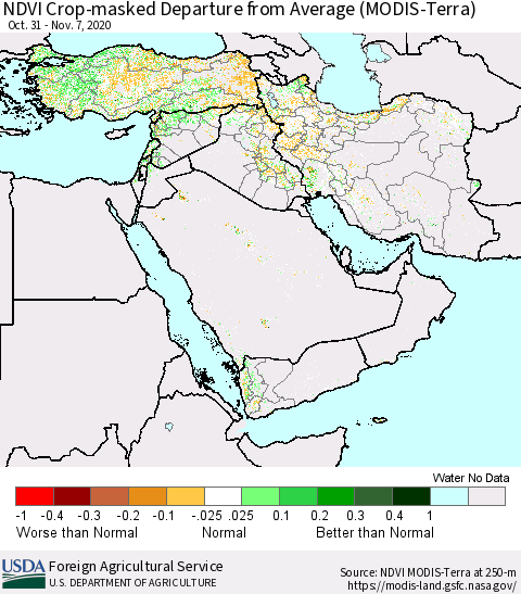 Middle East and Turkey NDVI Crop-masked Departure from Average (MODIS-Terra) Thematic Map For 11/1/2020 - 11/10/2020