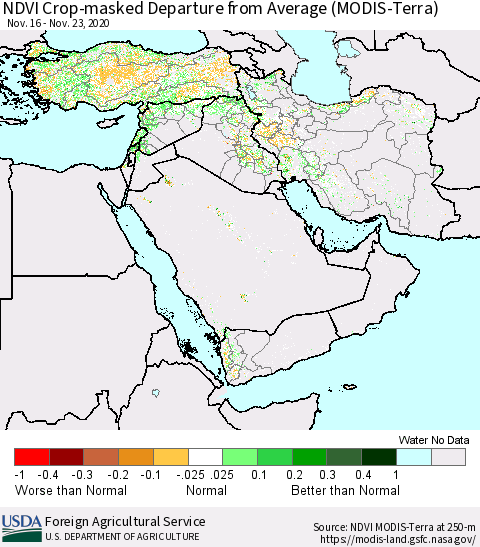 Middle East and Turkey NDVI Crop-masked Departure from Average (MODIS-Terra) Thematic Map For 11/21/2020 - 11/30/2020